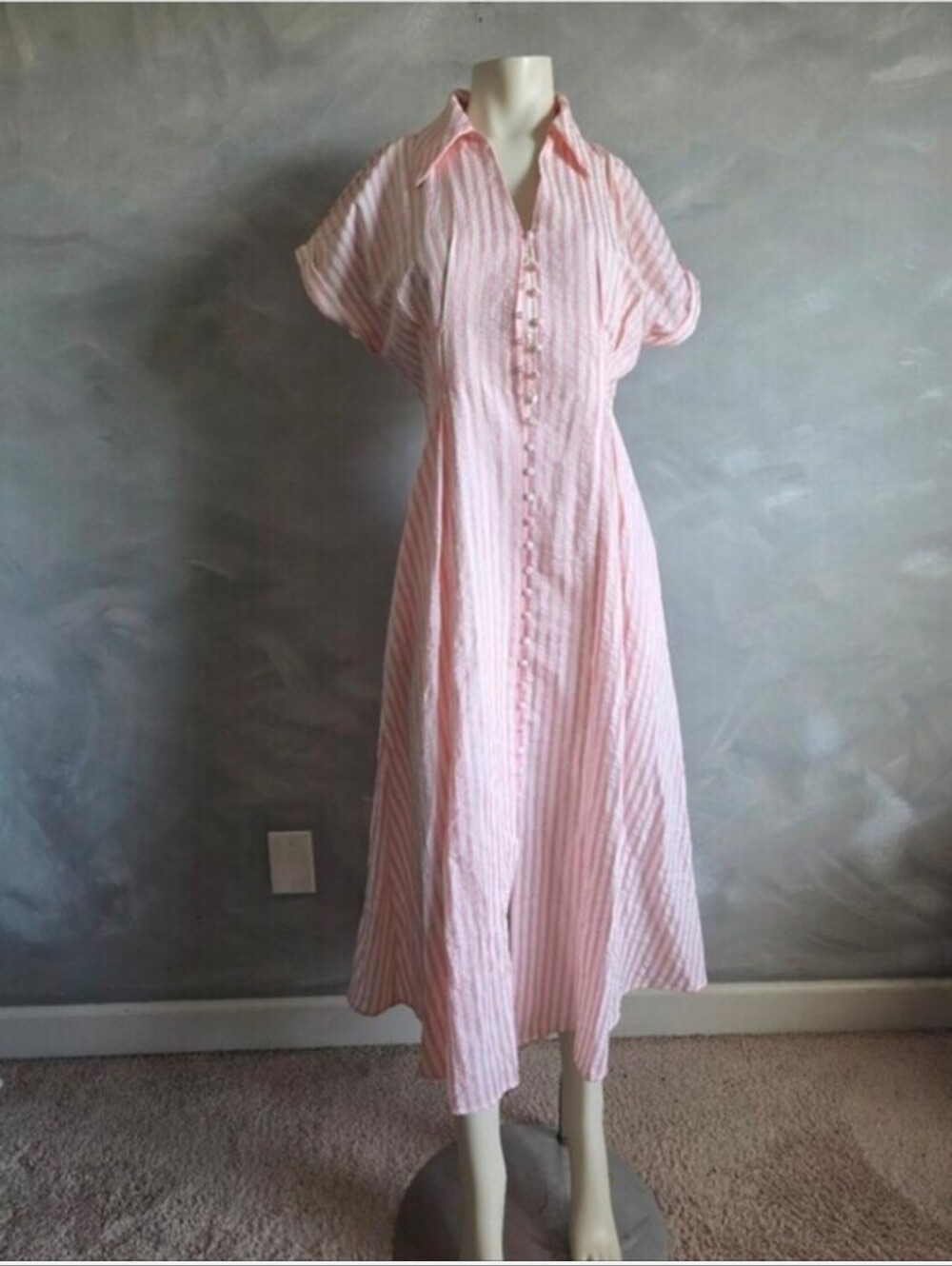 English Factory Seersucker Striped Midi Dress Pink White Sz S Cotton Blend